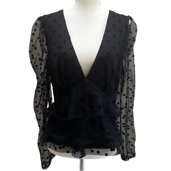 Missguided Tops - Missguided Dobby Mesh Black Long Puff Sleeve Women’s Blouse Top V Neck EUC